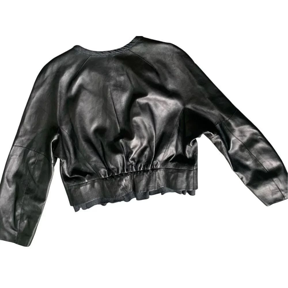 NEW NWT NINA RICCI Black Lamb Leather Zip Ruffle Crop Coat Jacket sz 42 M $3990 - Picture 2 of 13